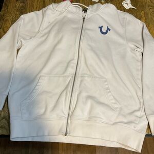 True Religion Men’s Full-Zip Up Sweatshirt, XXL, white w/blue logo on breast!